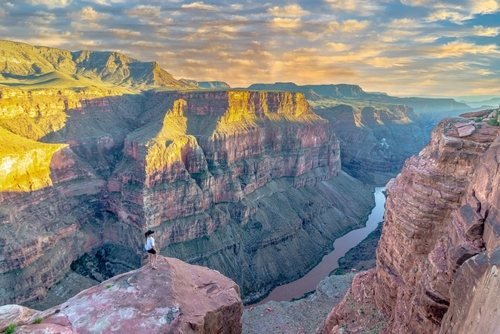 Evening light on the walls of the Grand Canyon, the Colorado River far below
