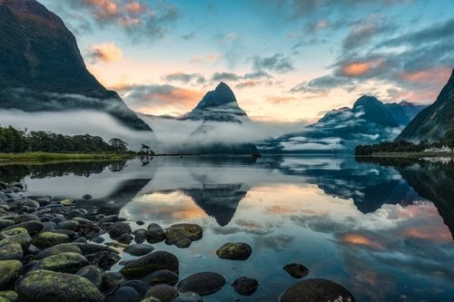 Mitre Peak reflected in the calm water of Milford Sound